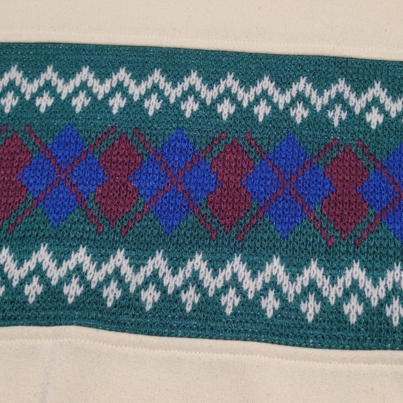 70s Vintage Morgan Square Cream Fleece Lined Argyle Knit Cropped Sweatshirt L - Picture 7 of 12